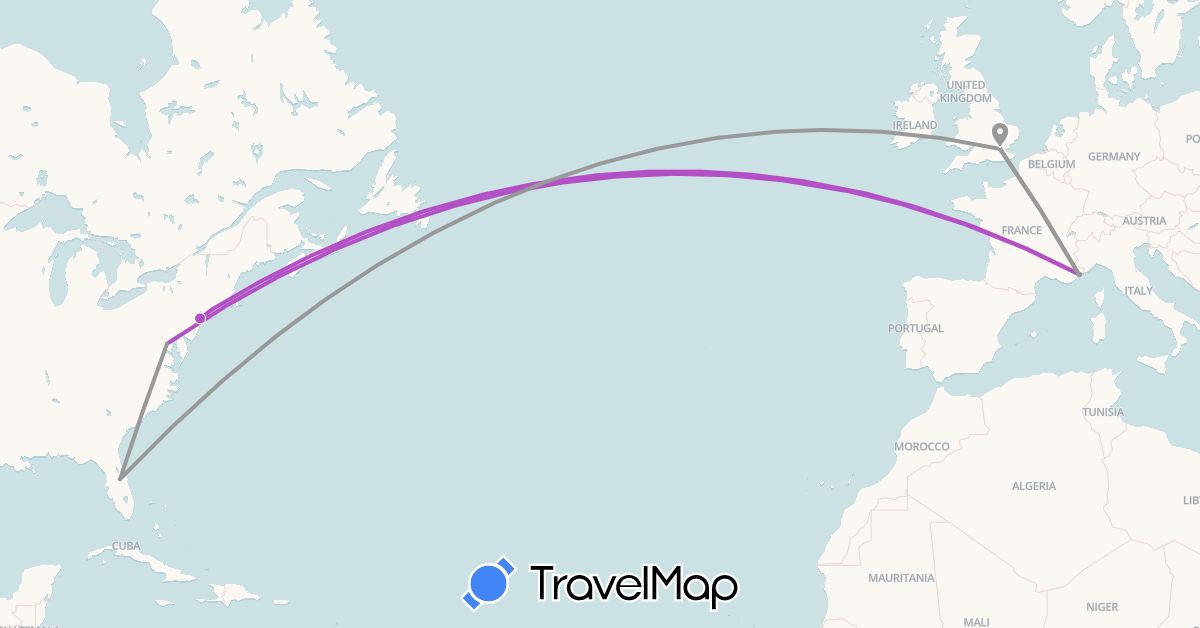 TravelMap itinerary: plane, train in France, United Kingdom, United States (Europe, North America)